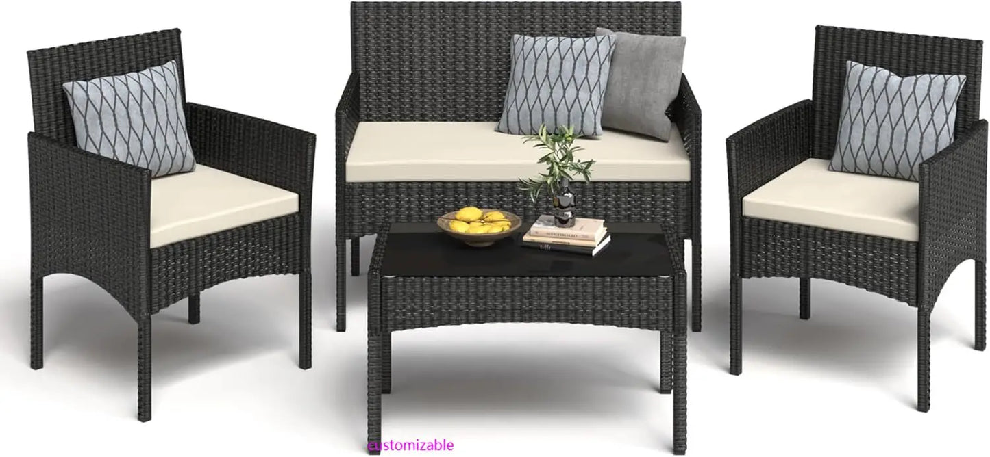 4 Piece Outdoor Patio Furniture Set Wicker Rattan With Waterproof Cushions
