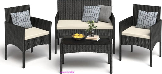 4 Piece Outdoor Patio Furniture Set Wicker Rattan With Waterproof Cushions