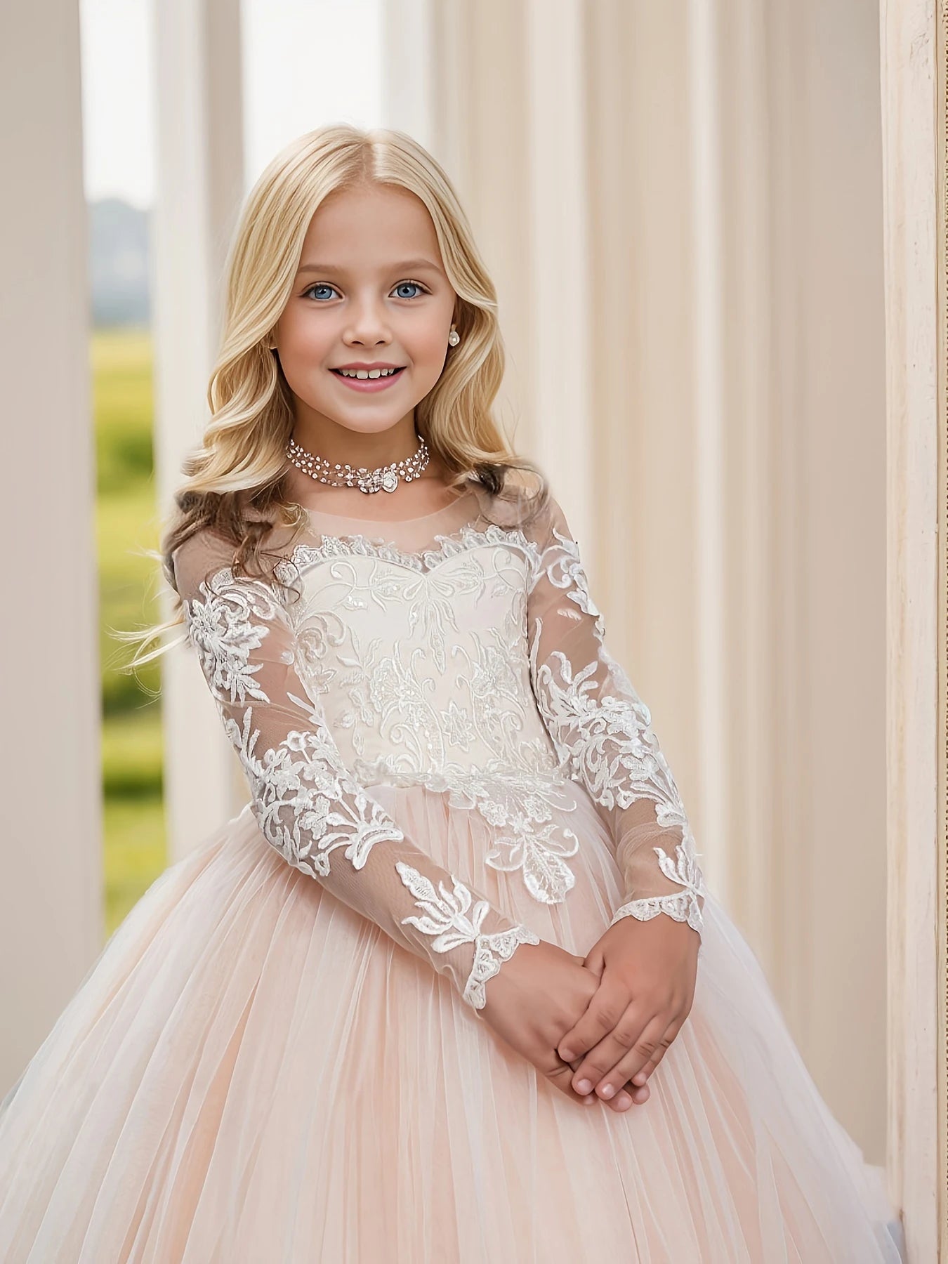 Abaowedding Lace Embroidery Sheer Long Sleeve Kids Gown