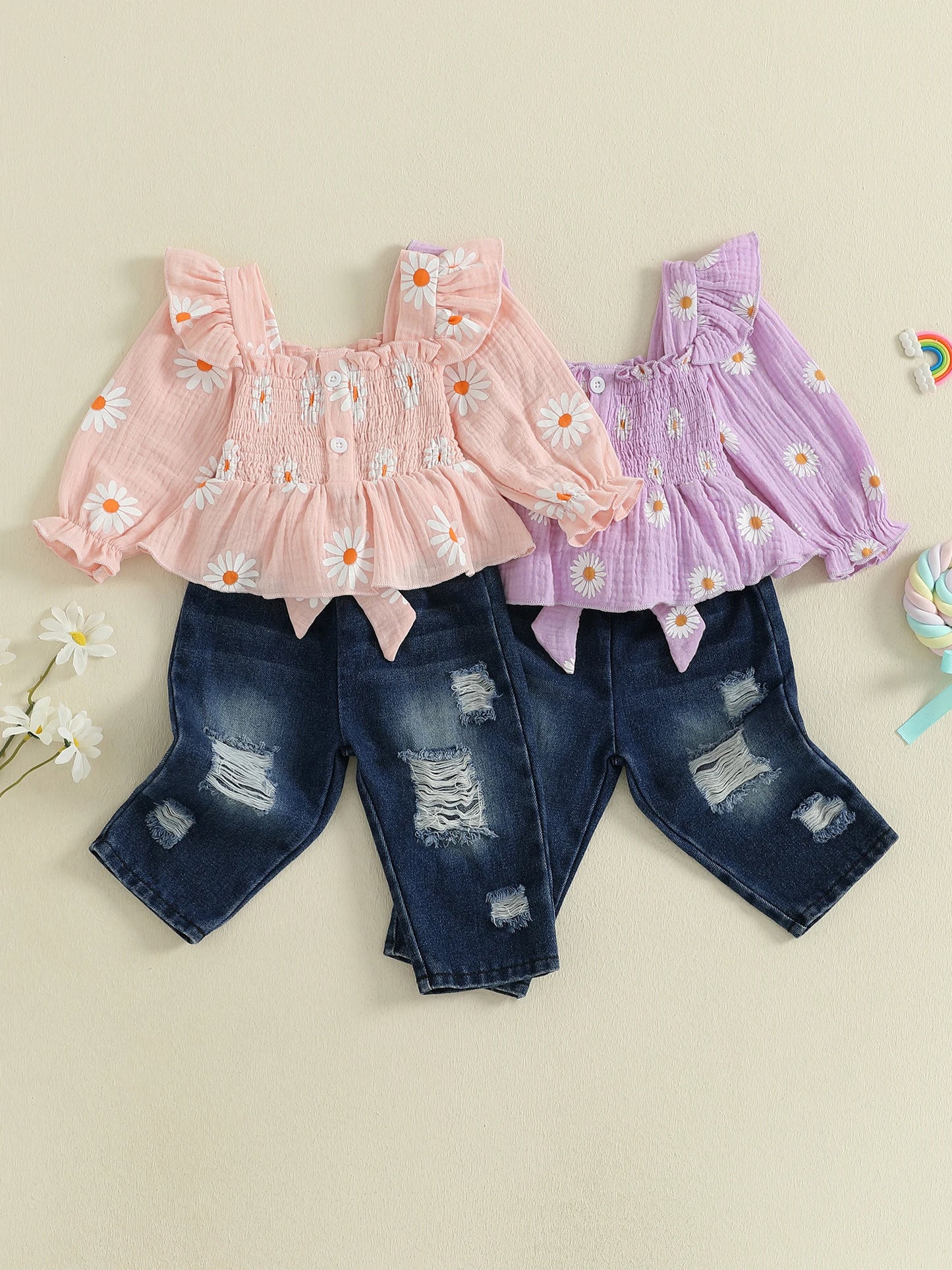 Girls Floral Print 2 Piece Belted Denim Pants Set Outfit
