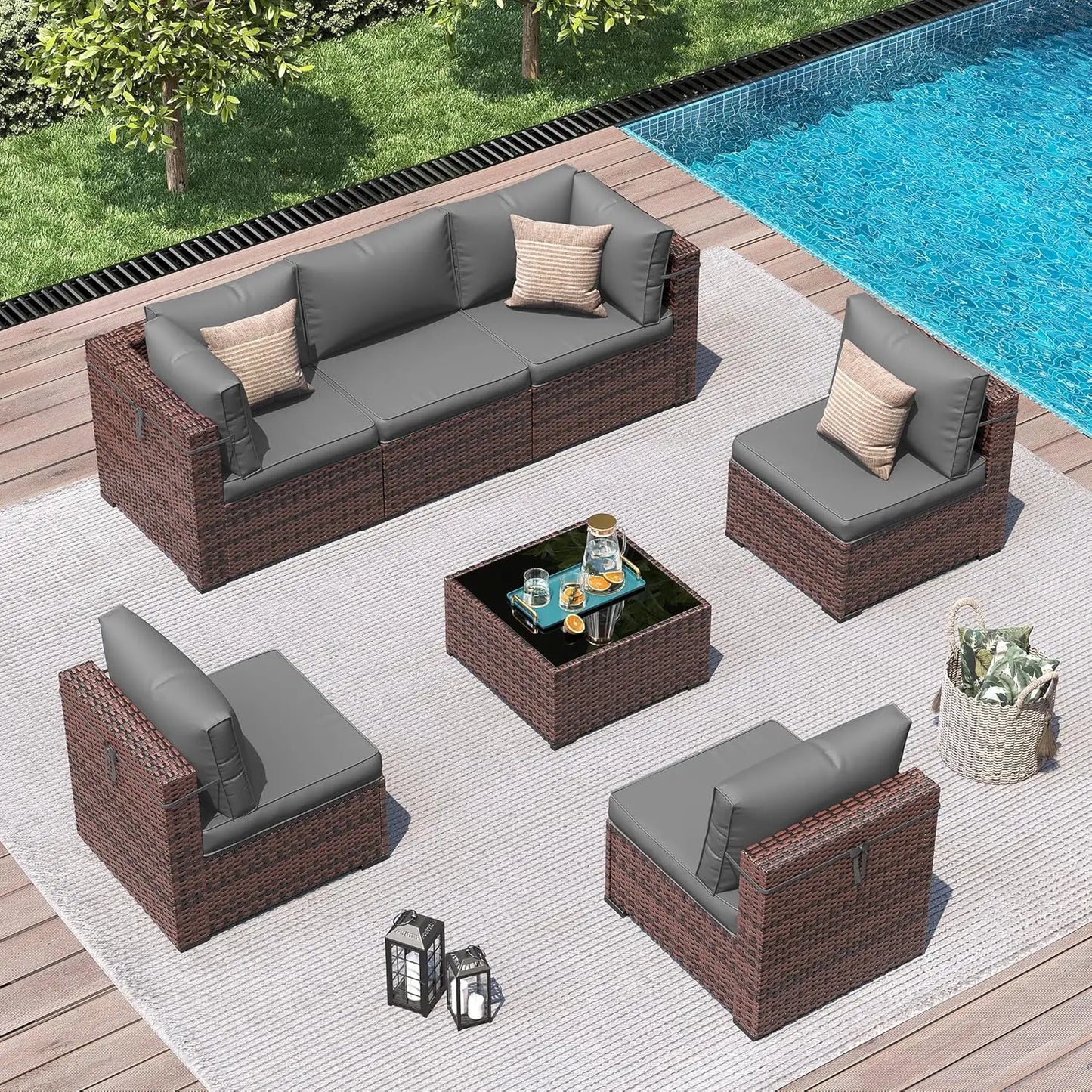 Patio 7-Piece Outdoor Rattan Sofa Set With Glass Coffee Table