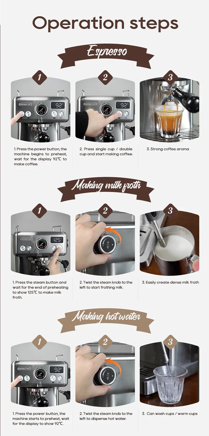 HiBREW 20 Bar Semi Automatic Espresso Temperature Adjustable 58mm Portafilter