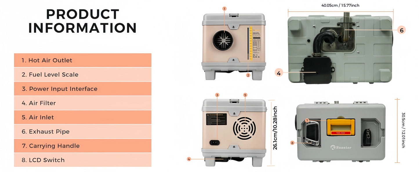 Sunster 8KW Diesel Air Heater LCD Bluetooth Parking For Cars