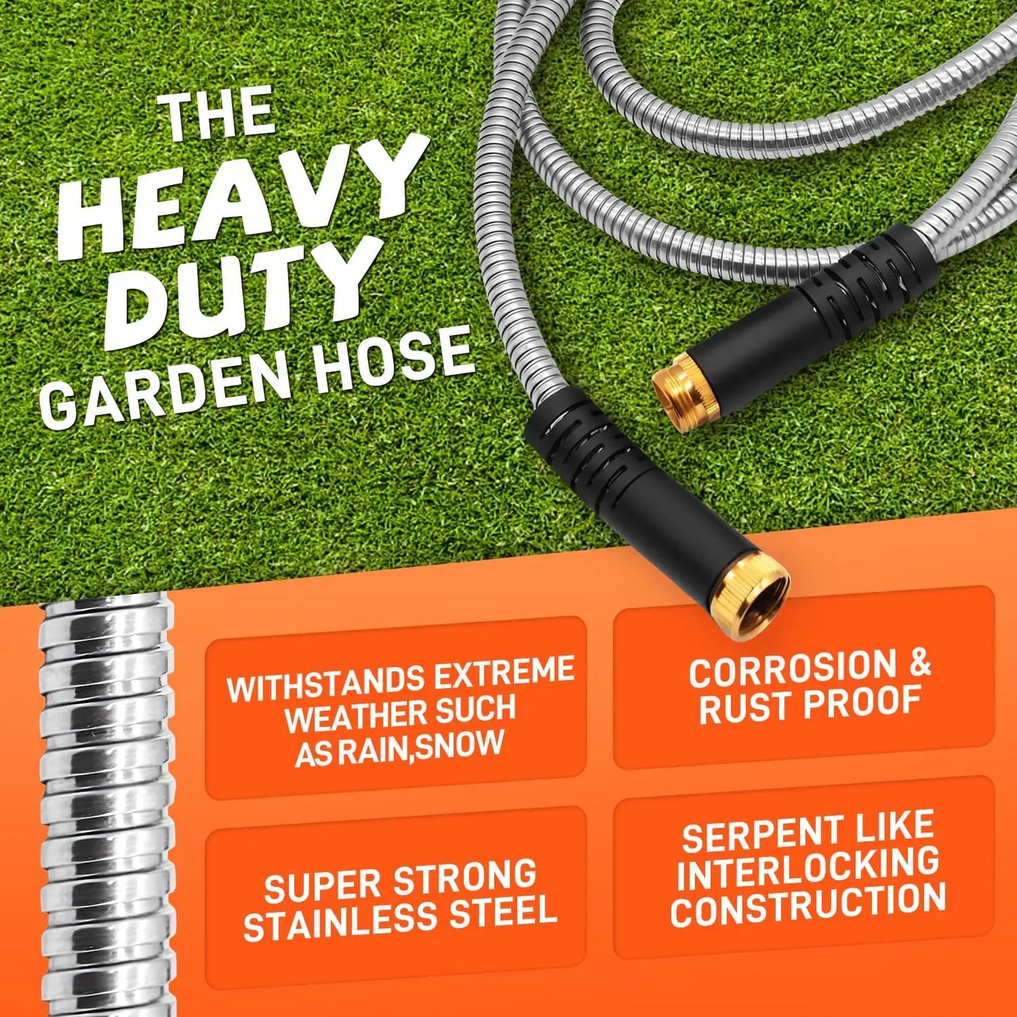 50ft Stainless Steel Garden Hose With 10 Function Adjustable Spray Nozzle Heavy Duty Metal Water Hose For Yard Lawn