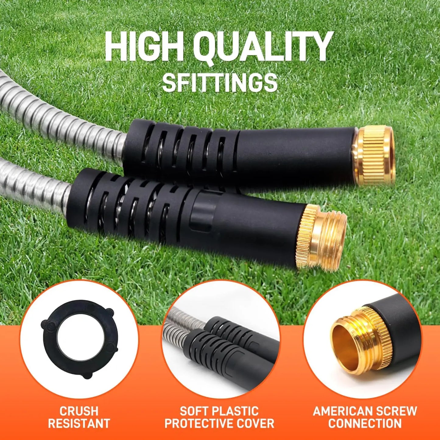 50ft Stainless Steel Garden Hose With 10 Function Adjustable Spray Nozzle Heavy Duty Metal Water Hose For Yard Lawn