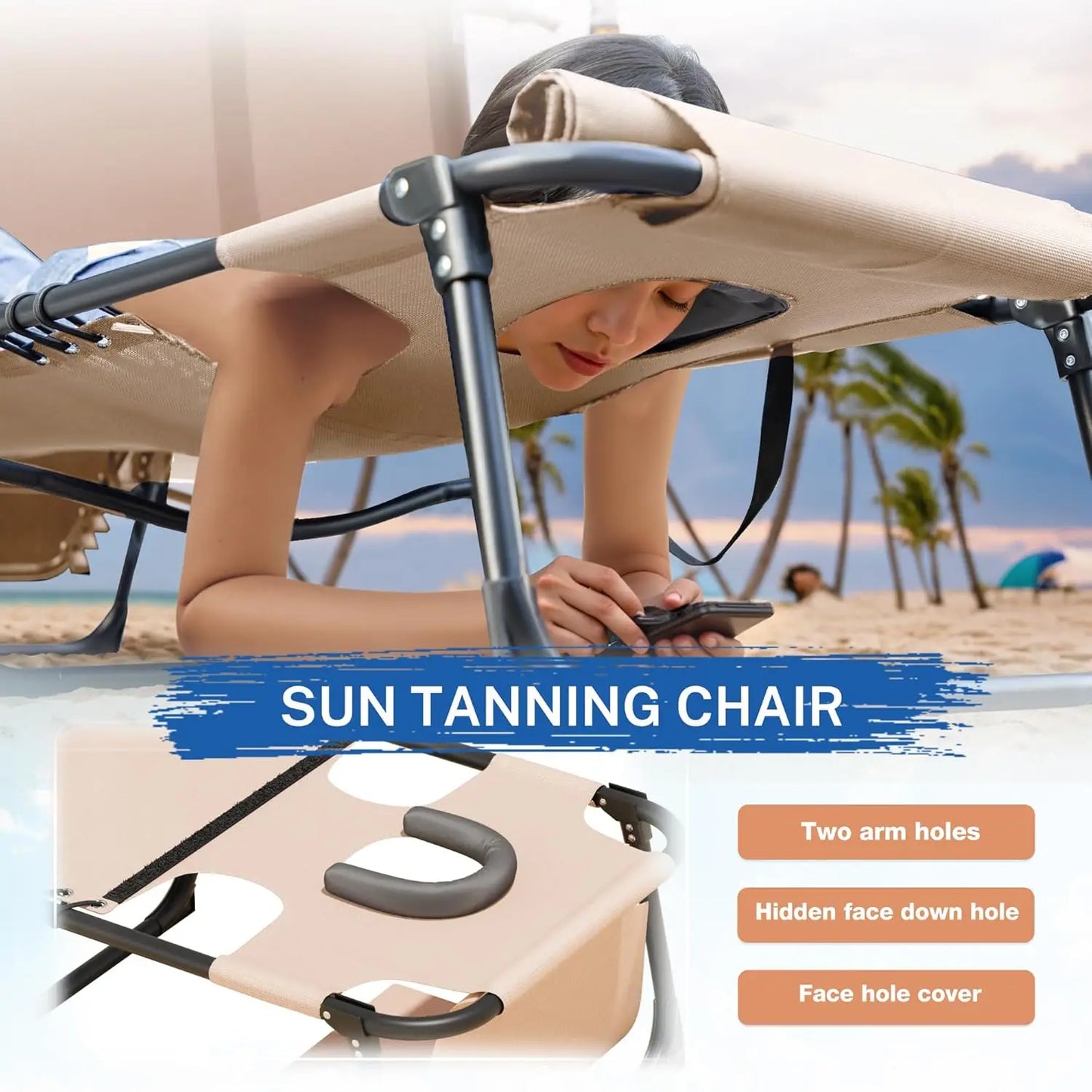 Beach Lounge Chair Outdoor Heavy Duty Folding Sun Tanning Chair