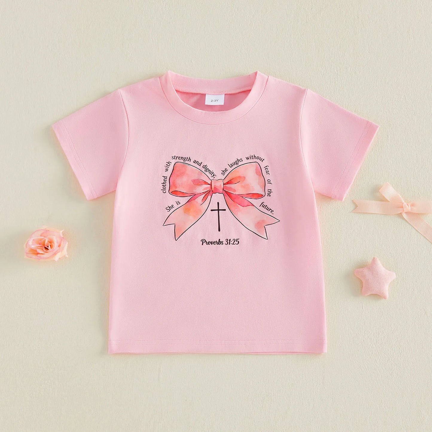 Infant Girls Round Neck Short Sleeve Top With Bow Print