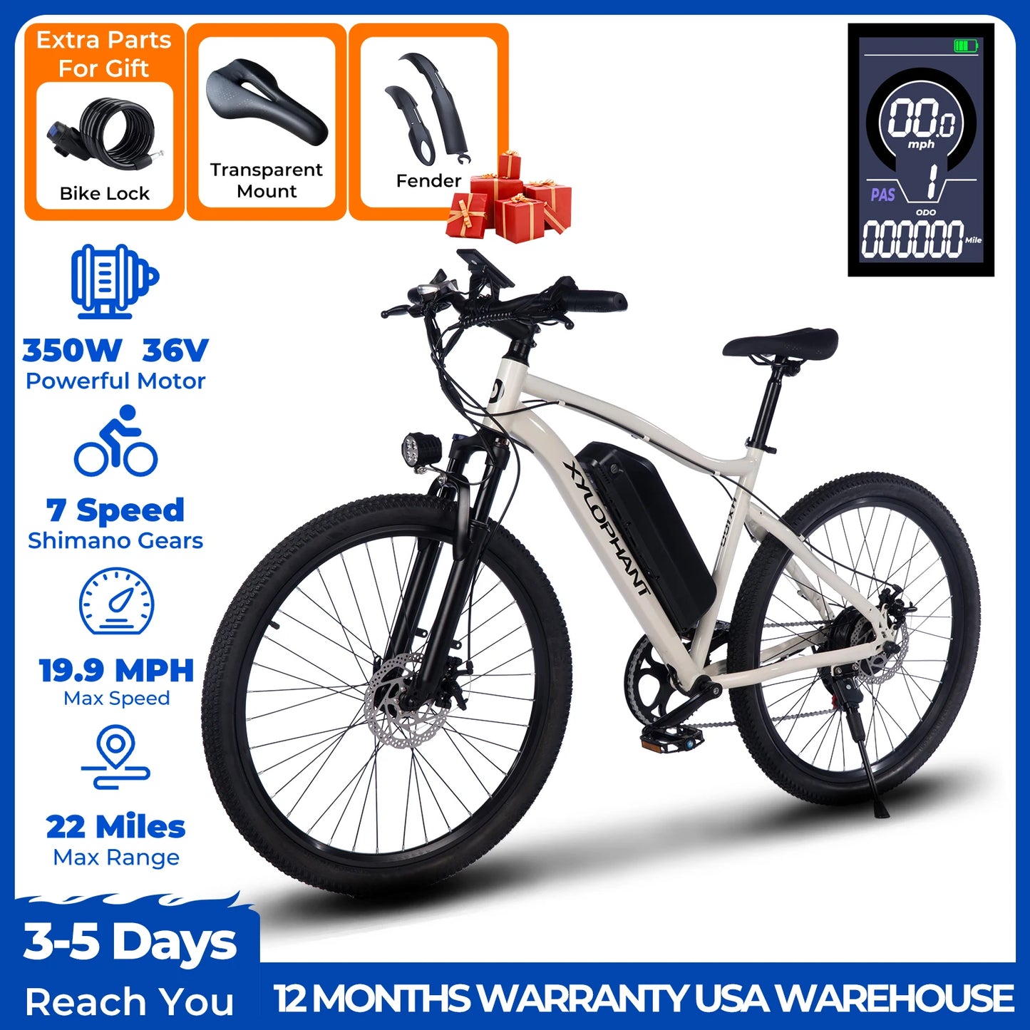 Terrosor Electric Mountain Bike Fat Tire 350W Peak 19.9Mph