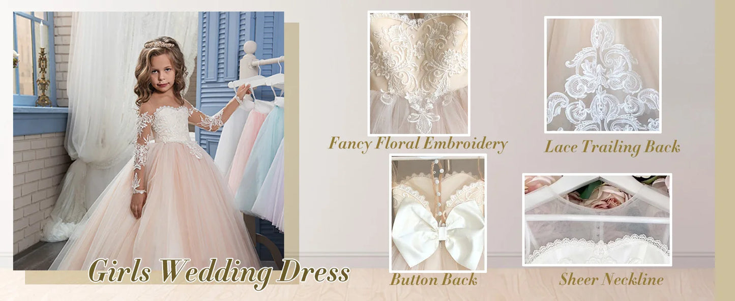Abaowedding Lace Embroidery Sheer Long Sleeve Kids Gown