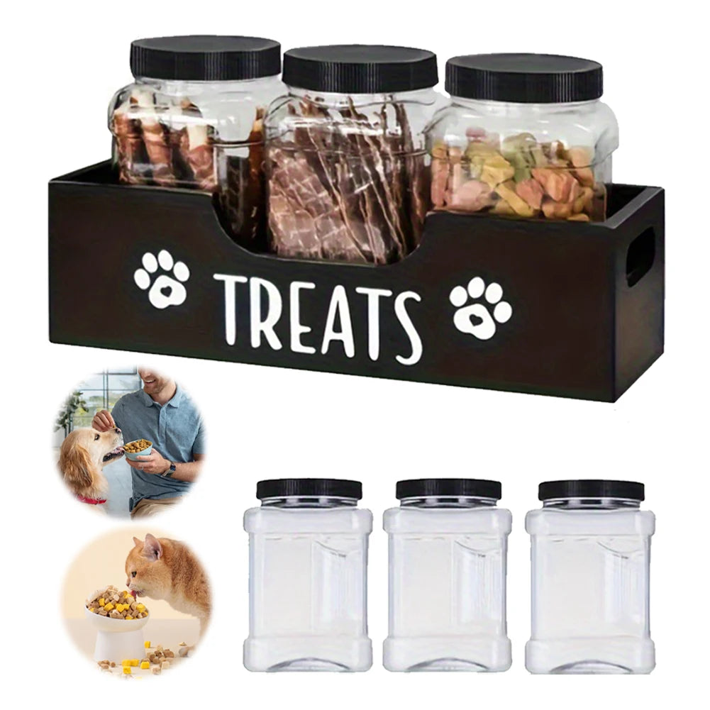 Wooden Dog Food Storage Holder With 3 Treat Jars Airtight
