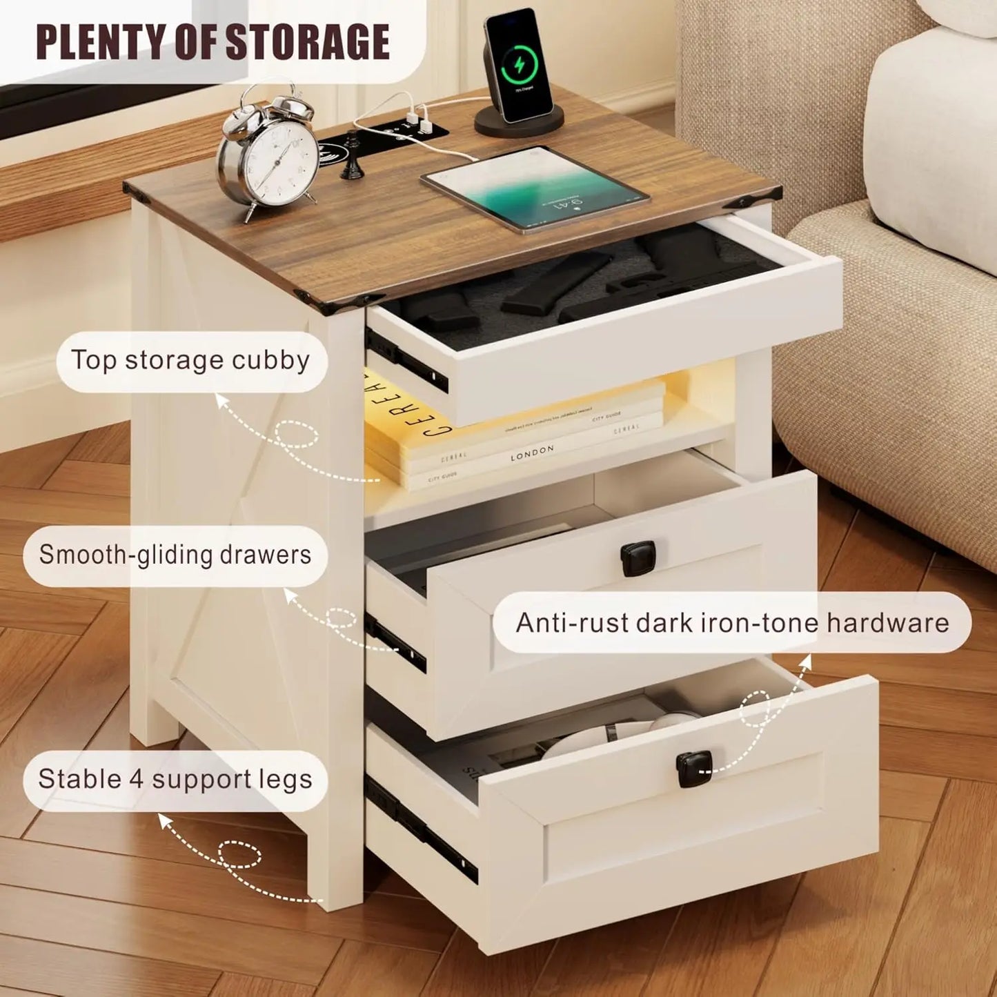 Frame LED Nightstand Set Of 2 Gun Drawer Charging Station