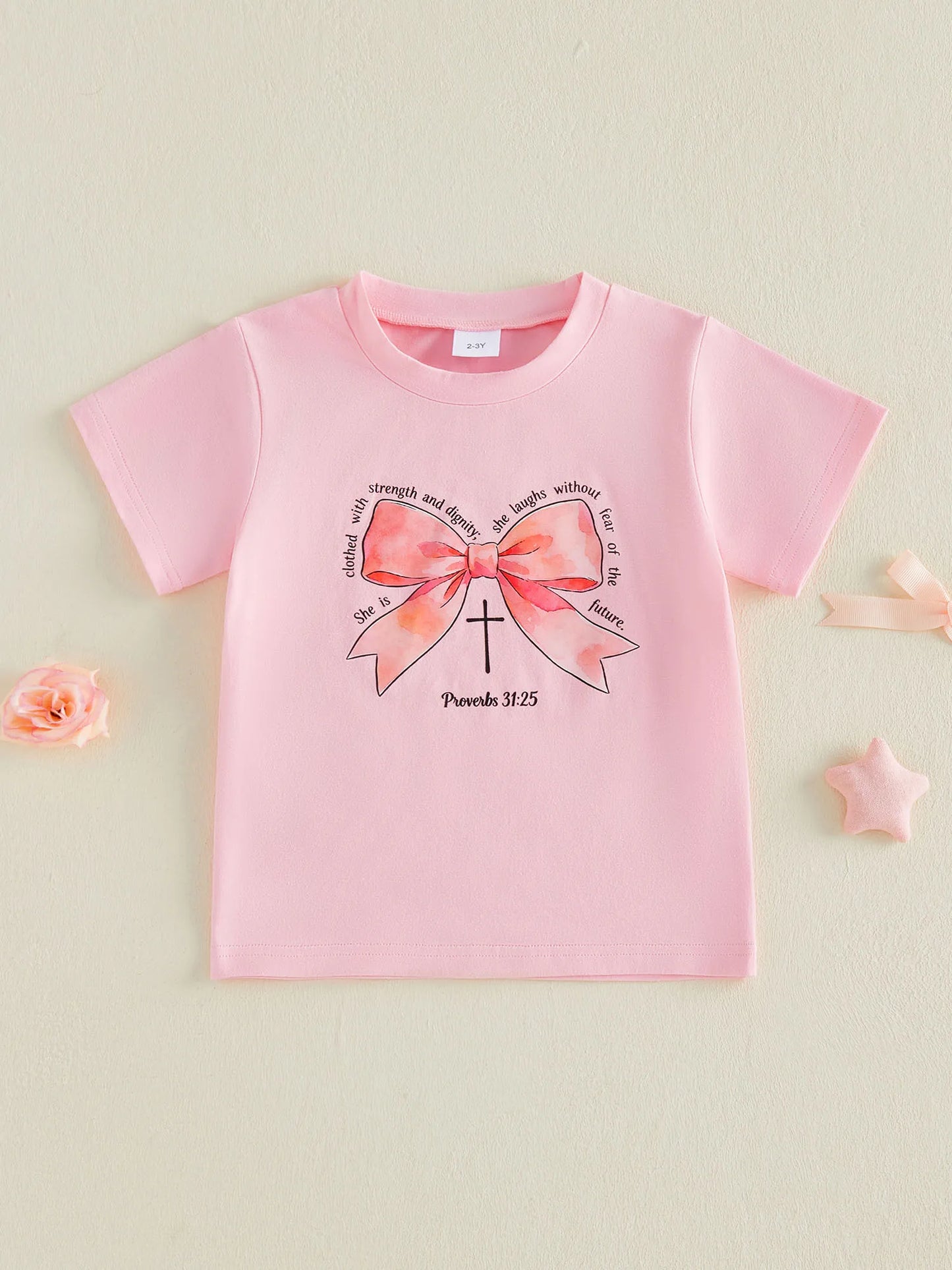 Infant Girls Round Neck Short Sleeve Top With Bow Print