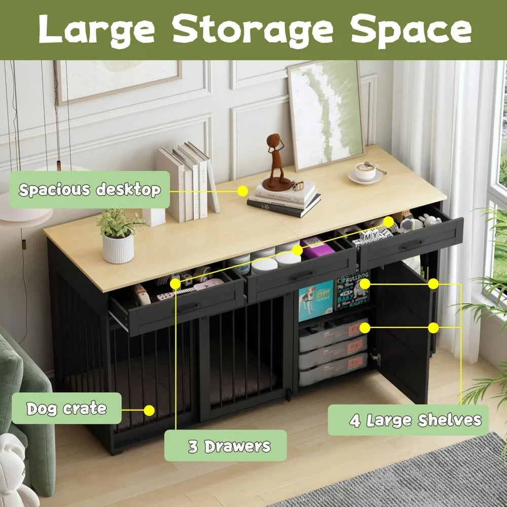 Wooden Heavy Duty Dog Crate Table With Storage Shelves