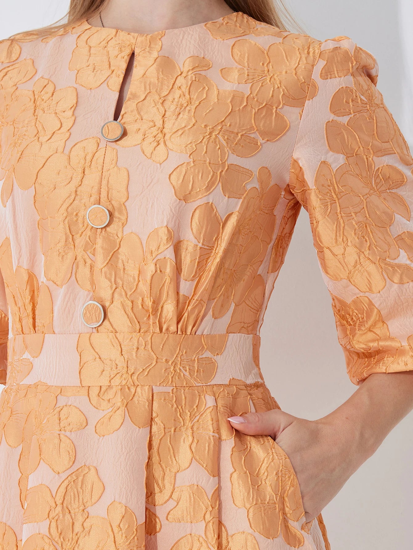 DEVCHATACN Elegant Jacquard Dress With Fitted Waist And Side Pockets