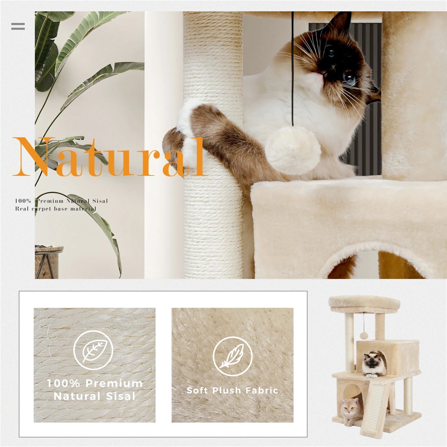 PEQULTI Cat Tree With Natural Sisal Scratching Post And Condo