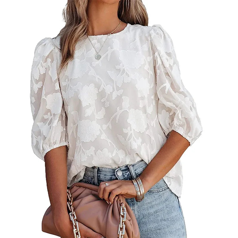 Women Puff Sleeve Chiffon Blouse Floral Lace Trim Loose Fit
