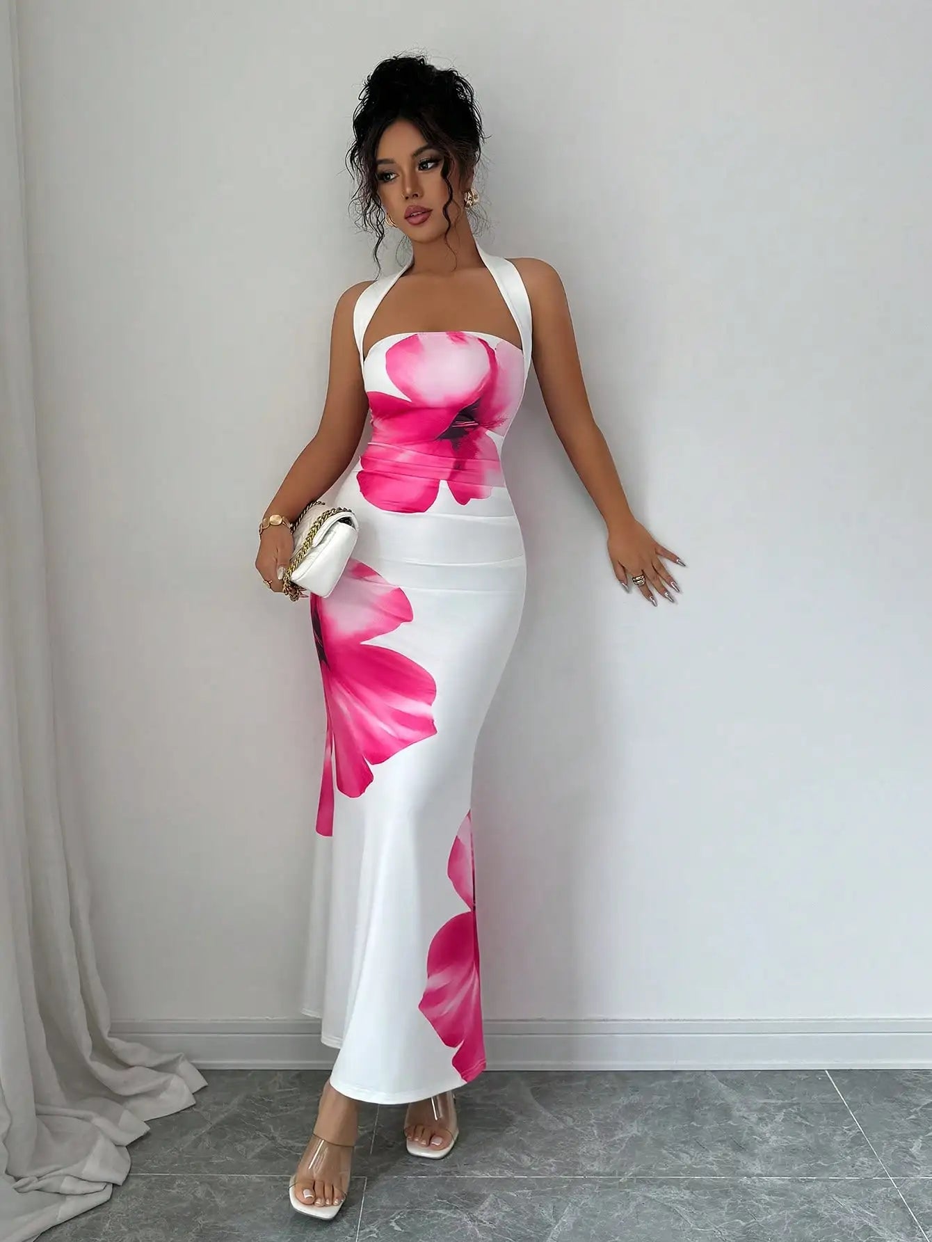 Halter Neck Floral Print Slim Fit Midi Dress For Summer
