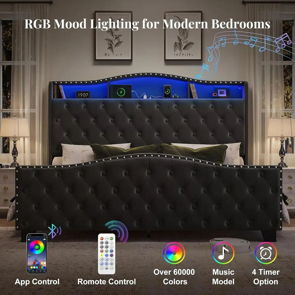 Wingback Velvet Upholstered Bed With LED Lights Storage Charging