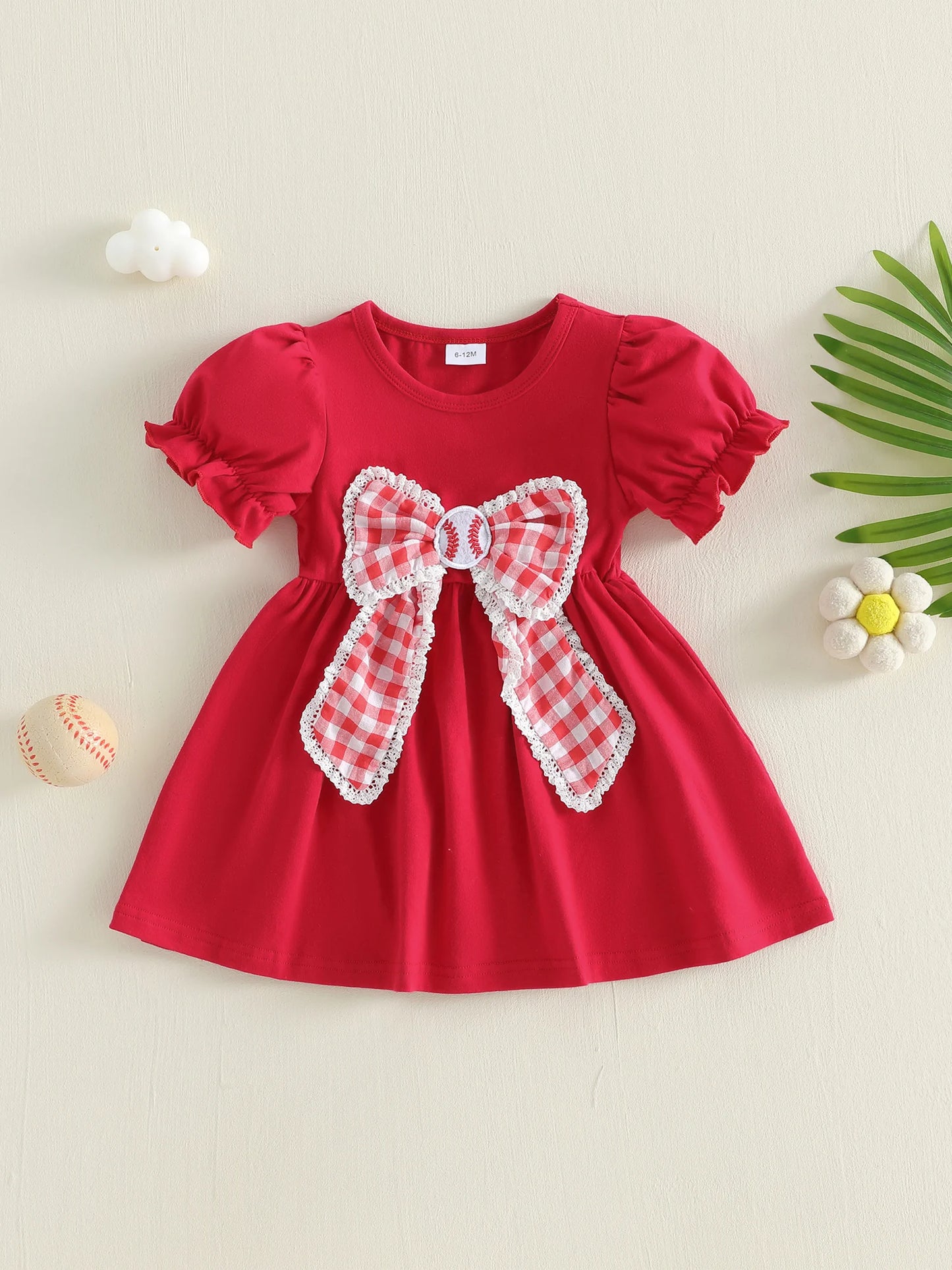 Girls Toddler Plaid Bowknot Dress With Baseball Theme Short Sleeve Casual