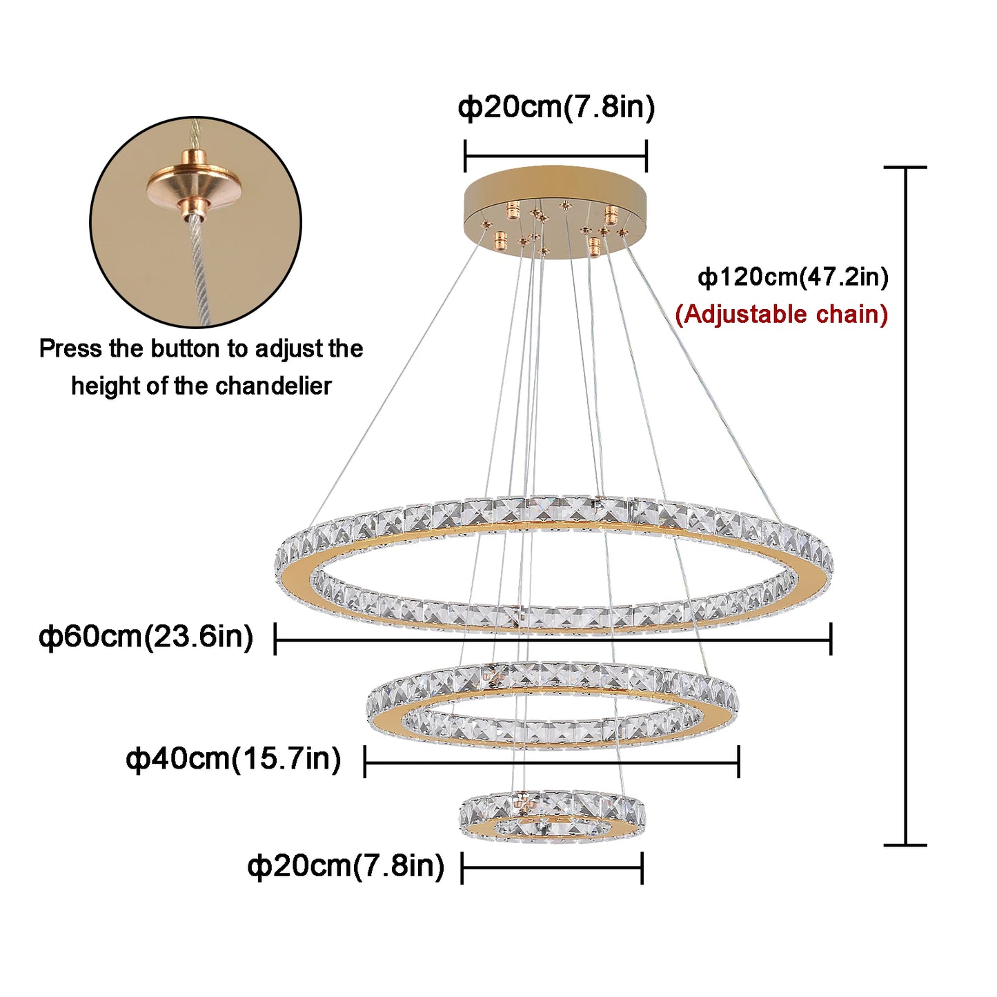VETRULUS Crystal Ceiling Chandelier Three Ring Pendant Light