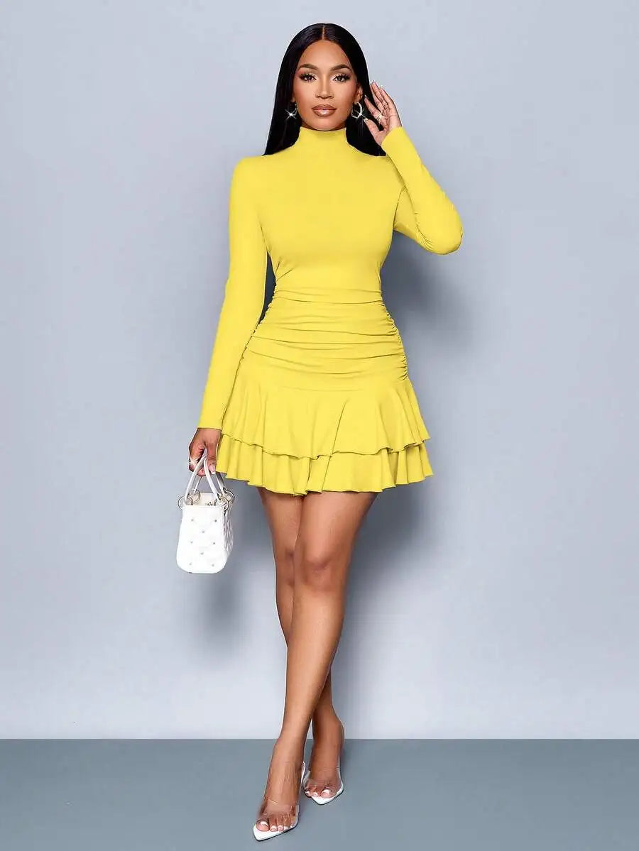 High Neck Long Sleeve Ruched Double Ruffle Mini Dress