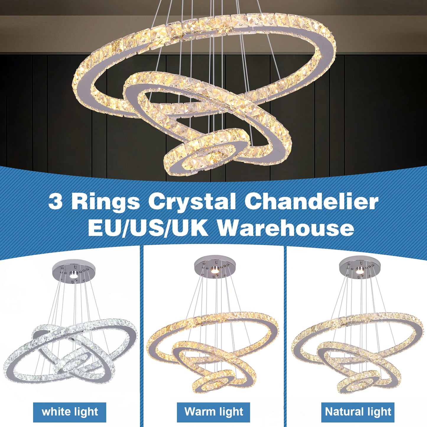 VETRULUS Crystal Ceiling Chandelier Three Ring Pendant Light