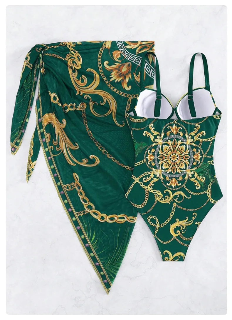 Underwire Push Up Women's Two Piece Bikini Swimsuit Chains Print