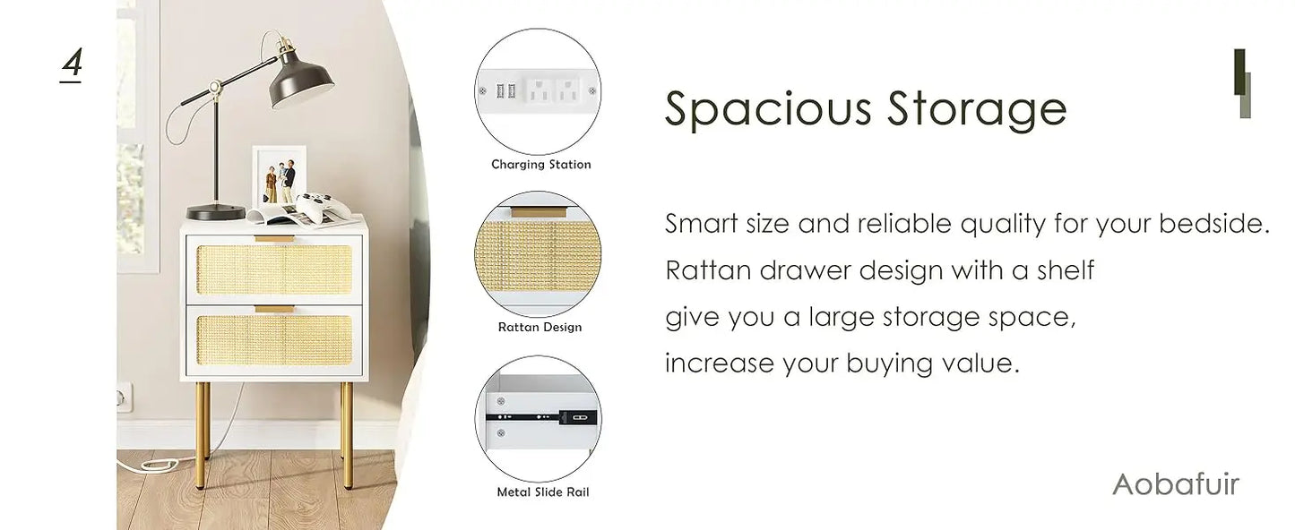 XIUWO Nightstand With Charging Station Rattan Bedside Table