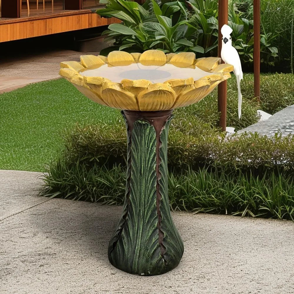 Outdoor Concrete Bird Bath Sunflower Bowl on Leaf Pedestal