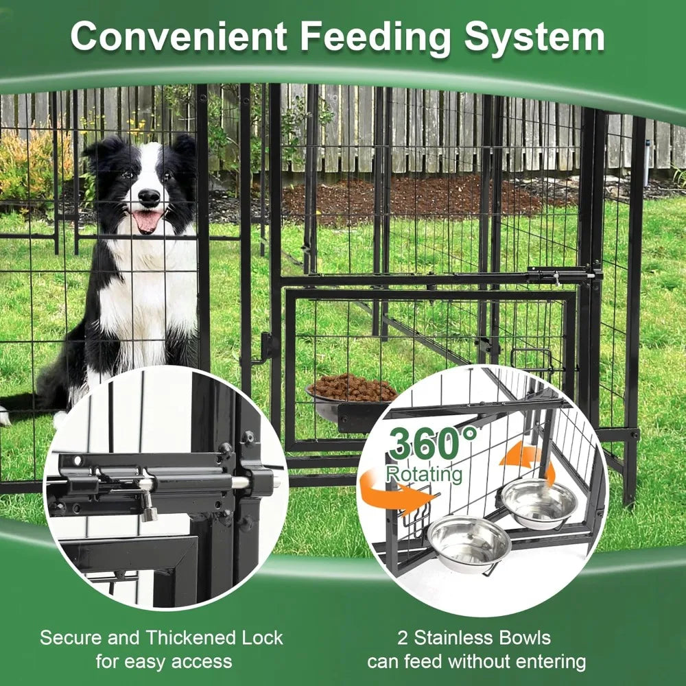 8x4x6 FT Heavy Duty Outdoor Dog Kennel with Roof, Rotating Bowls, Secure Lock for Large Dogs