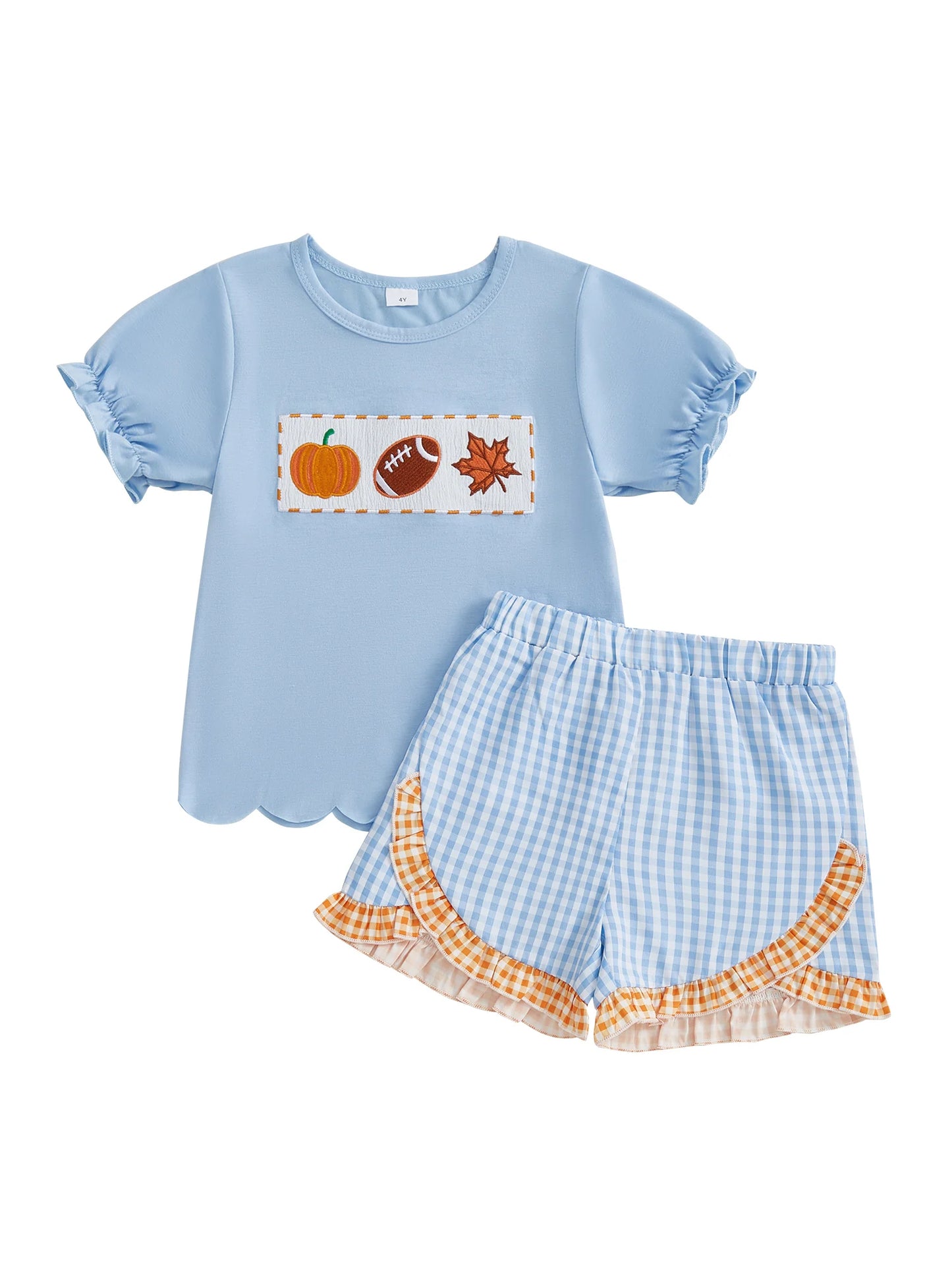 Baby Girls Halloween Costume Embroidered Tee With Plaid Ruffle Shorts Set