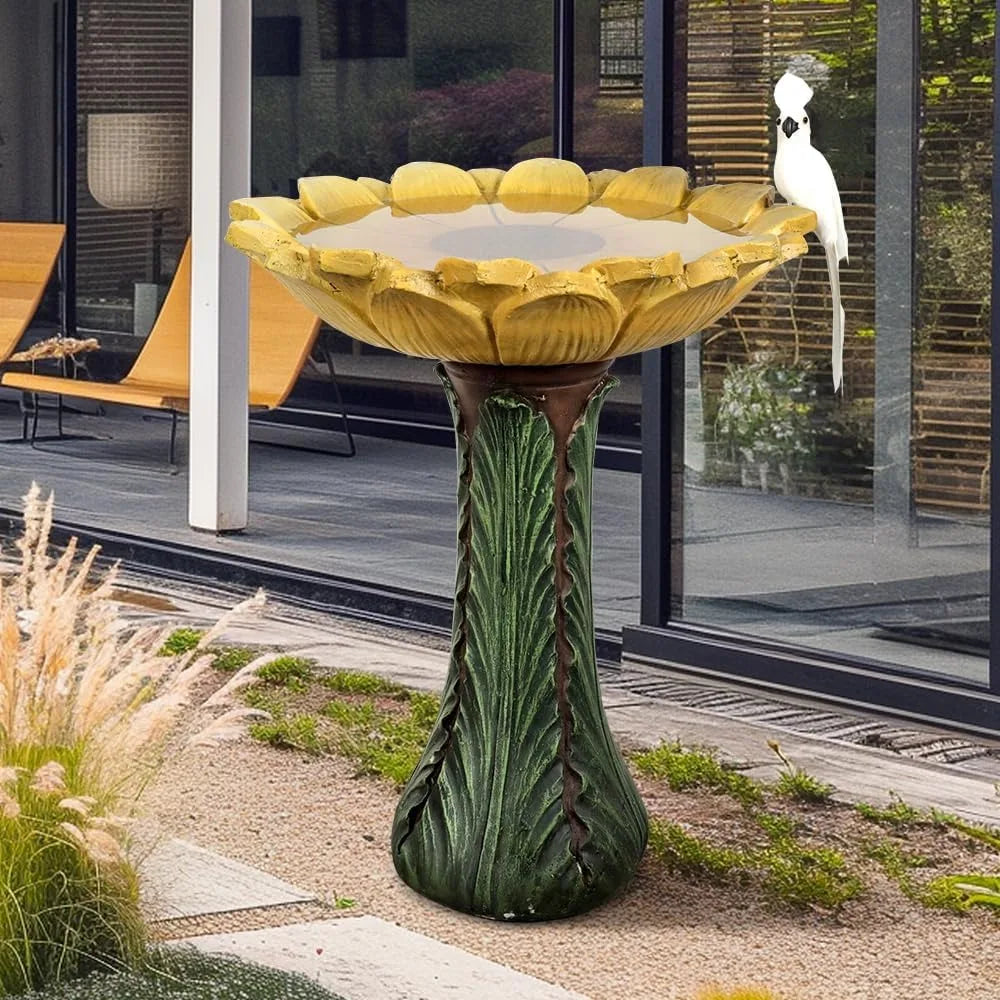 Outdoor Concrete Bird Bath Sunflower Bowl on Leaf Pedestal
