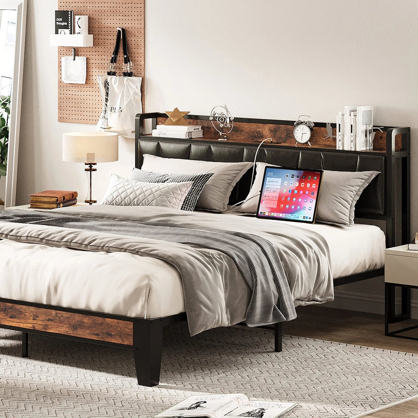 LIKIMIO Bed Frame With Storage Headboard Charging Station