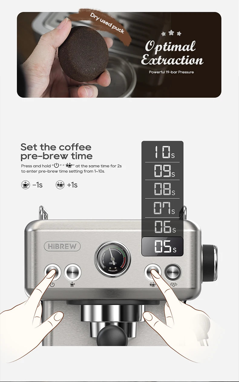 HiBREW 20 Bar Semi Automatic Espresso Temperature Adjustable 58mm Portafilter