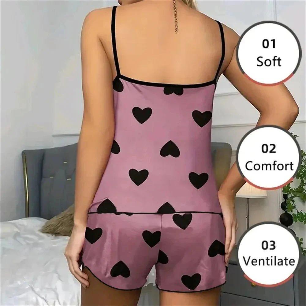 Women Pajama Set Sleeveless T Shirt Shorts Heart Print Summer