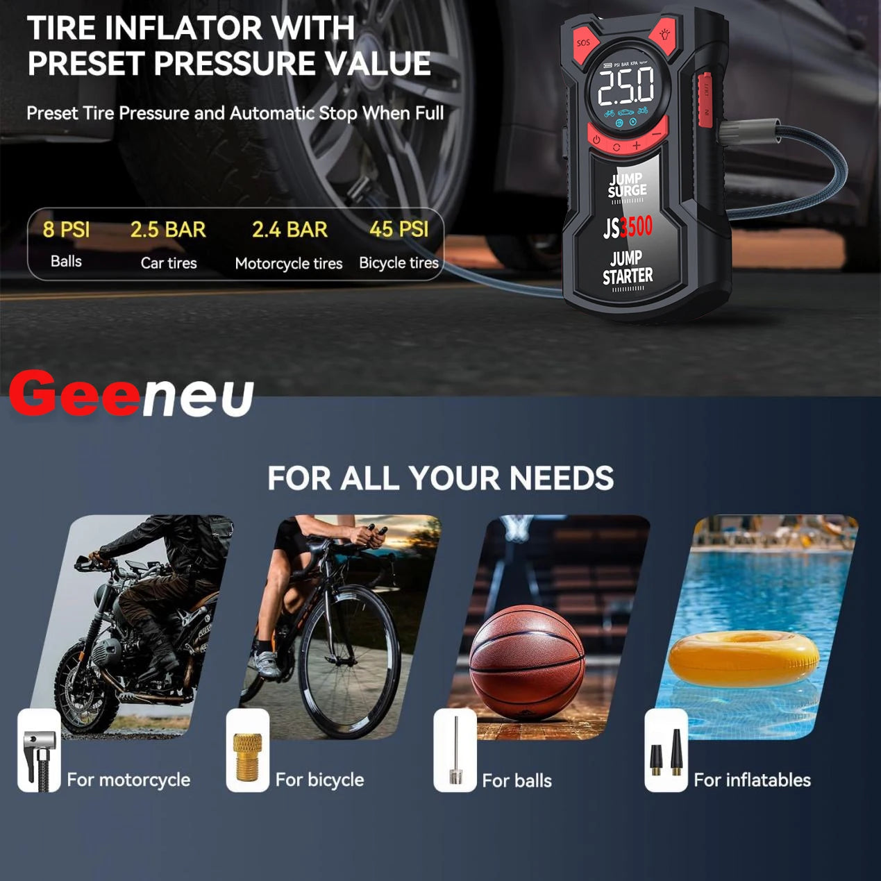 BUVAYE 5In1 Multifunctional Air Pump Jump Starter 3000A Peak 150PSI
