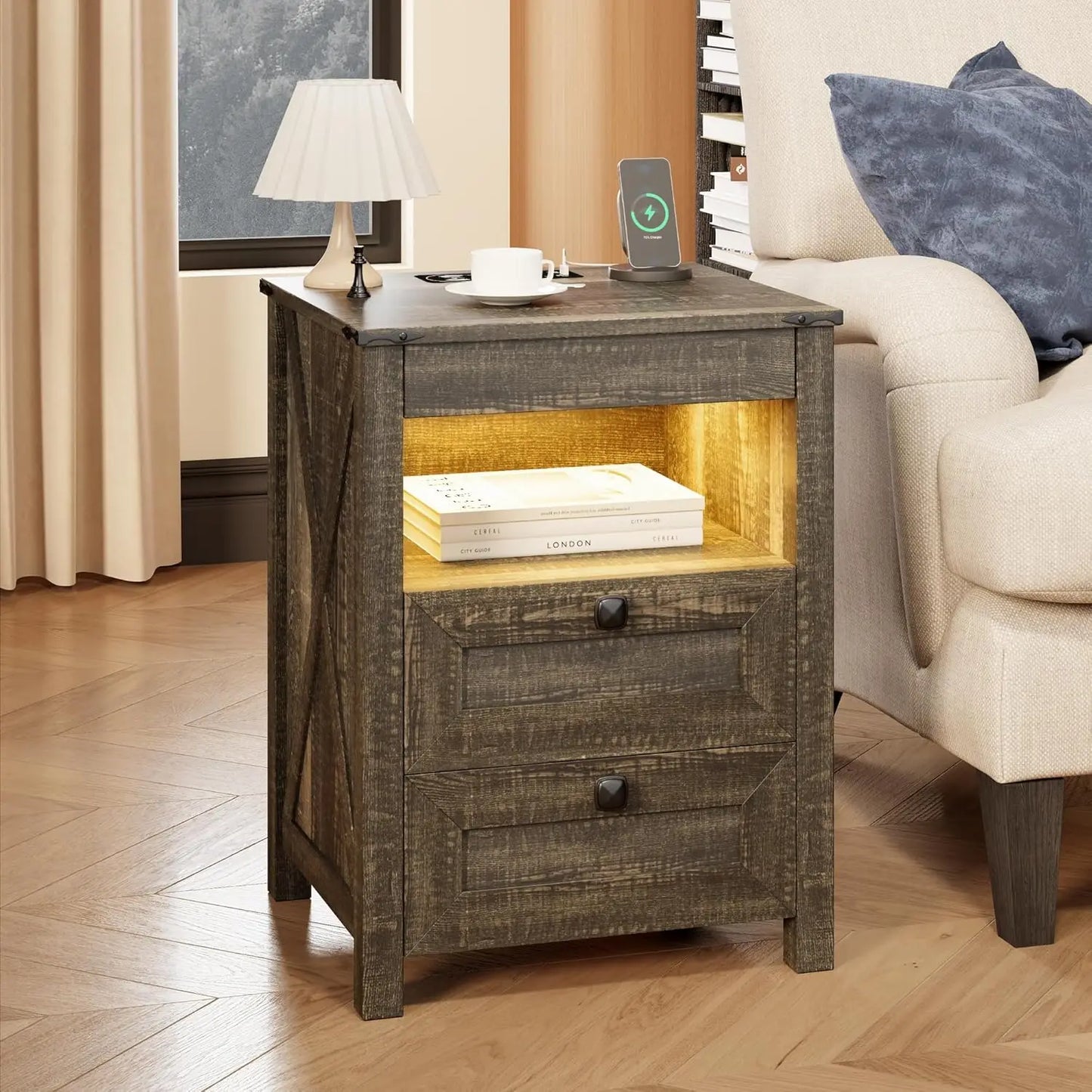 Frame LED Nightstand With Gun Drawer And Charging Station