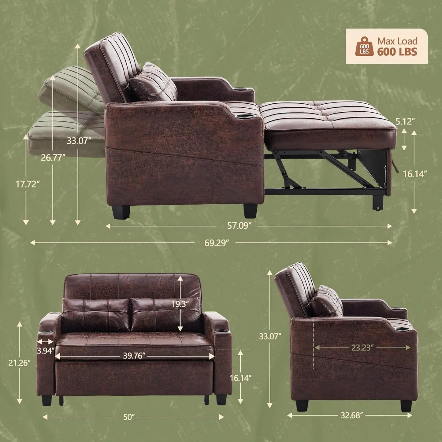 Rustic Futon Sofa Bed Convertible Loveseat With USB Ports
