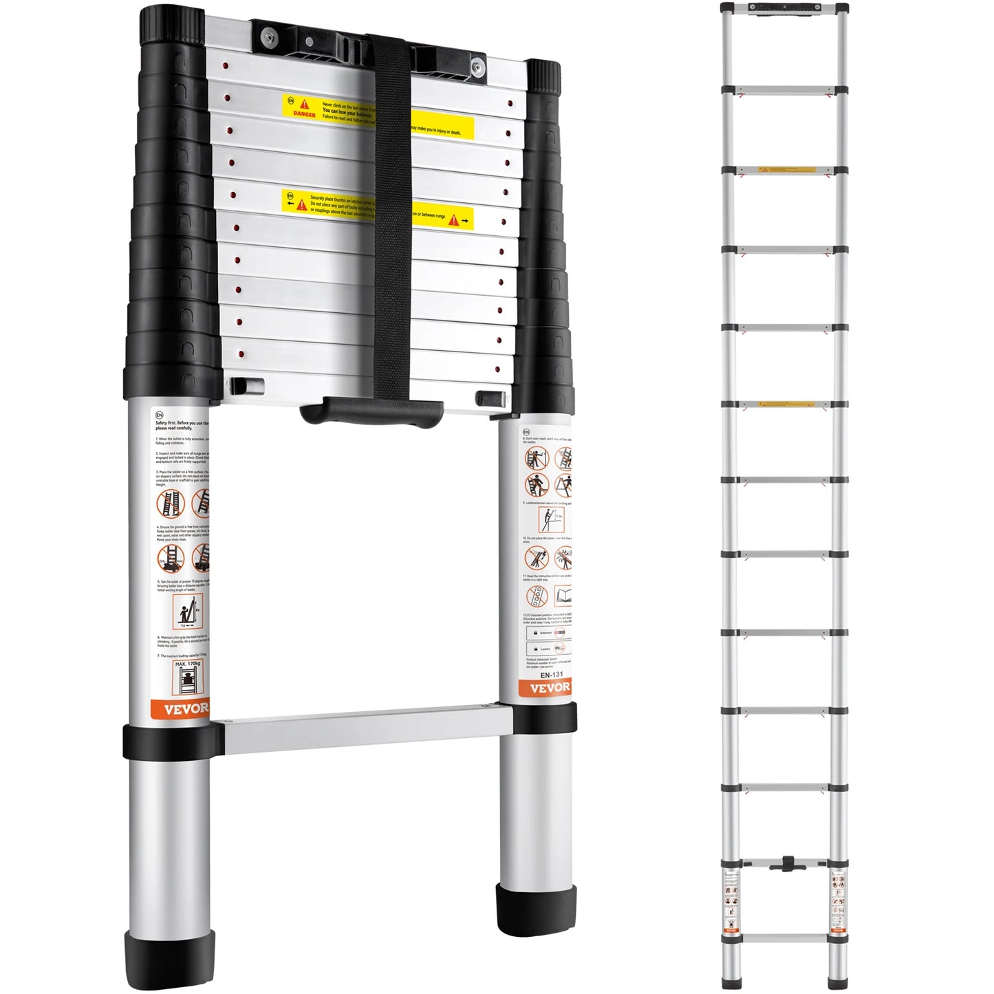 SucceBuy Telescoping Ladder Aluminum One Button Retraction 375 Lbs