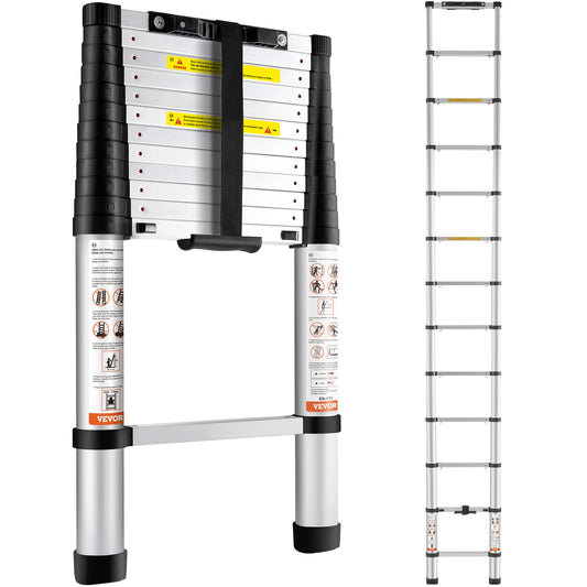 SucceBuy Telescoping Ladder Aluminum One Button Retraction 375 Lbs