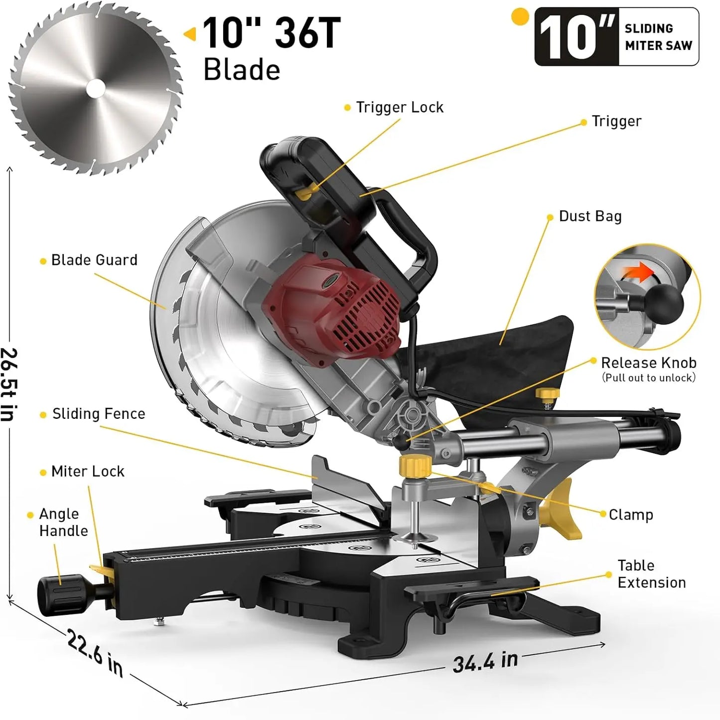 Marvtool Sliding Compound Miter Saw Single Bevel Electric 15A 5000RPM