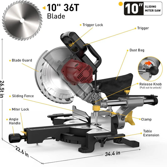 Marvtool Sliding Compound Miter Saw Single Bevel Electric 15A 5000RPM