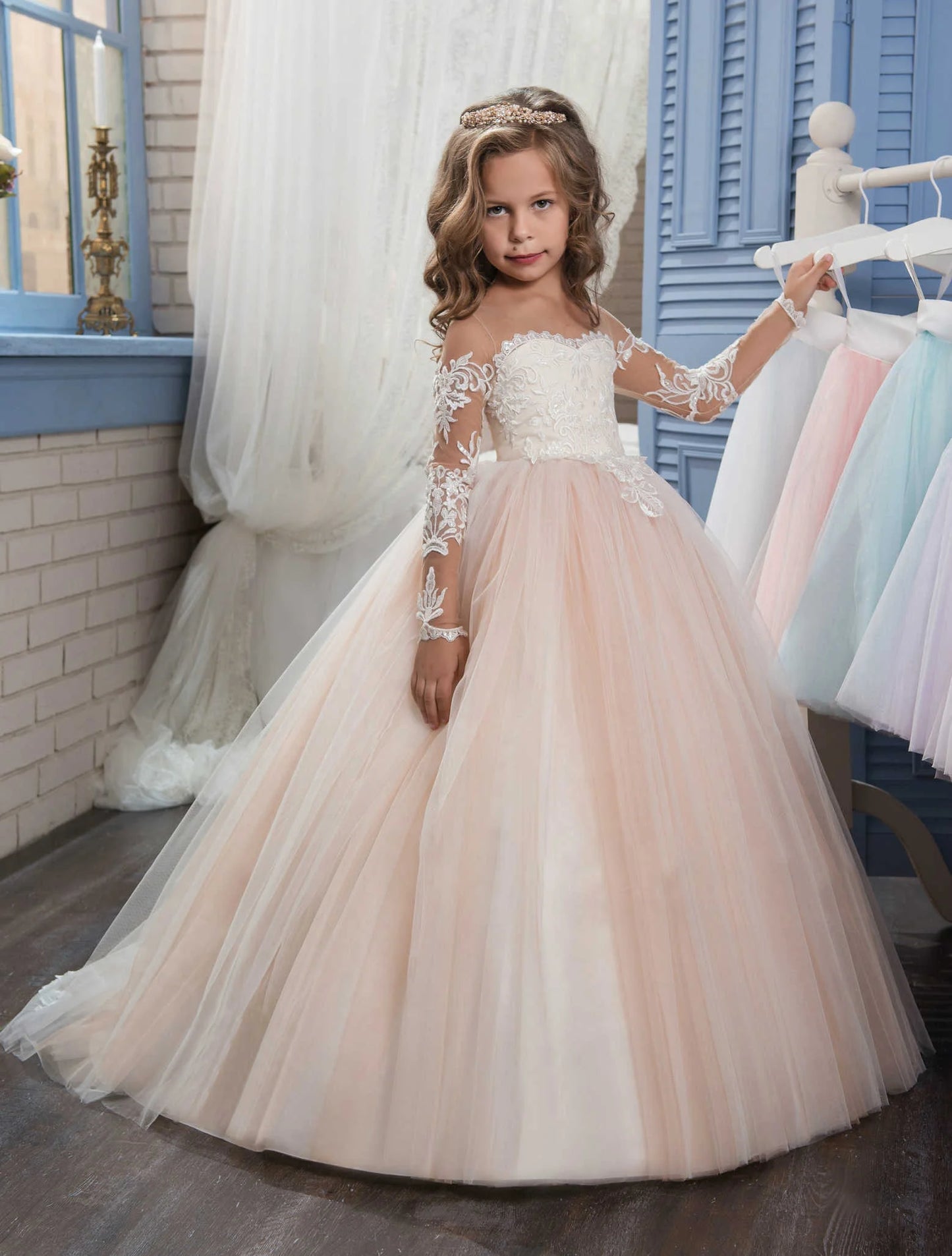 Abaowedding Lace Embroidery Sheer Long Sleeve Kids Gown