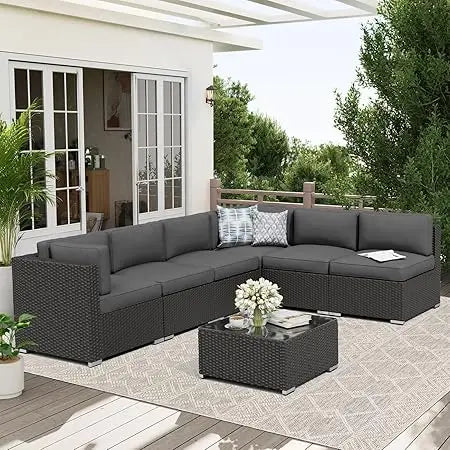 7 Piece Outdoor Patio Furniture Set Rattan Wicker Glass Table