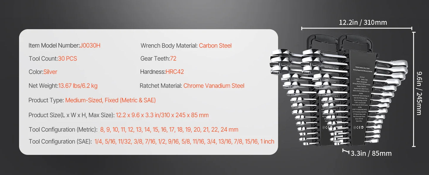 SucceBuy Ratcheting Wrench Set CRV Steel With Organizer SAE Metric