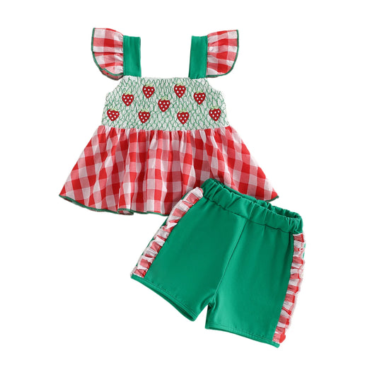 Adorable Toddler Girls Two Piece Strawberry Embroidery Flutter Sleeve Set