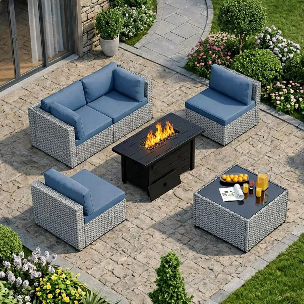 PE Rattan Sofa Set With Fire Pit Table And Cushions