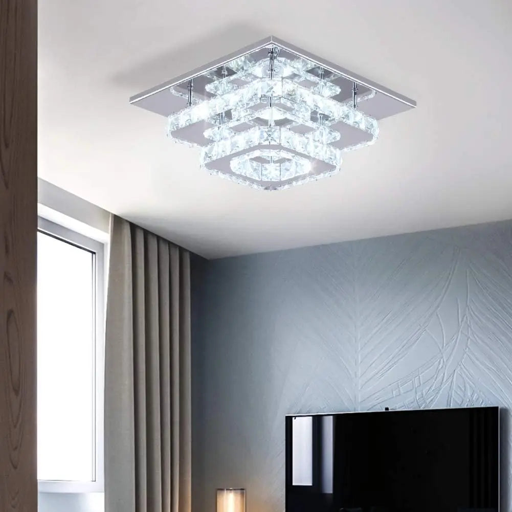 FRIXCHUR Crystal Flush Mount LED Ceiling Light Square K9 Mirror Base