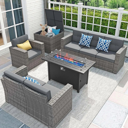 8 Piece Patio Furniture Set With Fire Pit Table Rattan