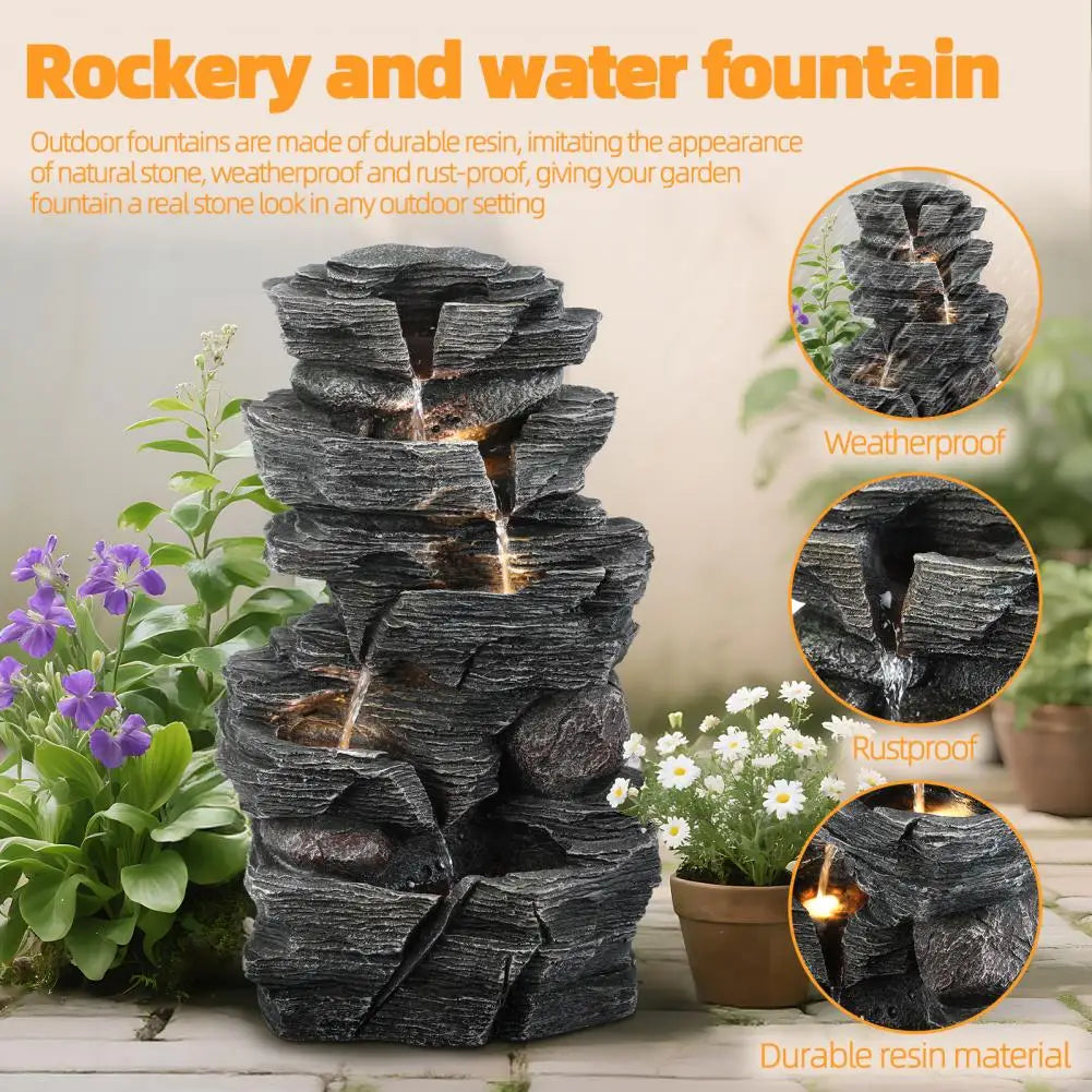 Rock Waterfall Garden Fountain With LED Light For Outdoor Decor